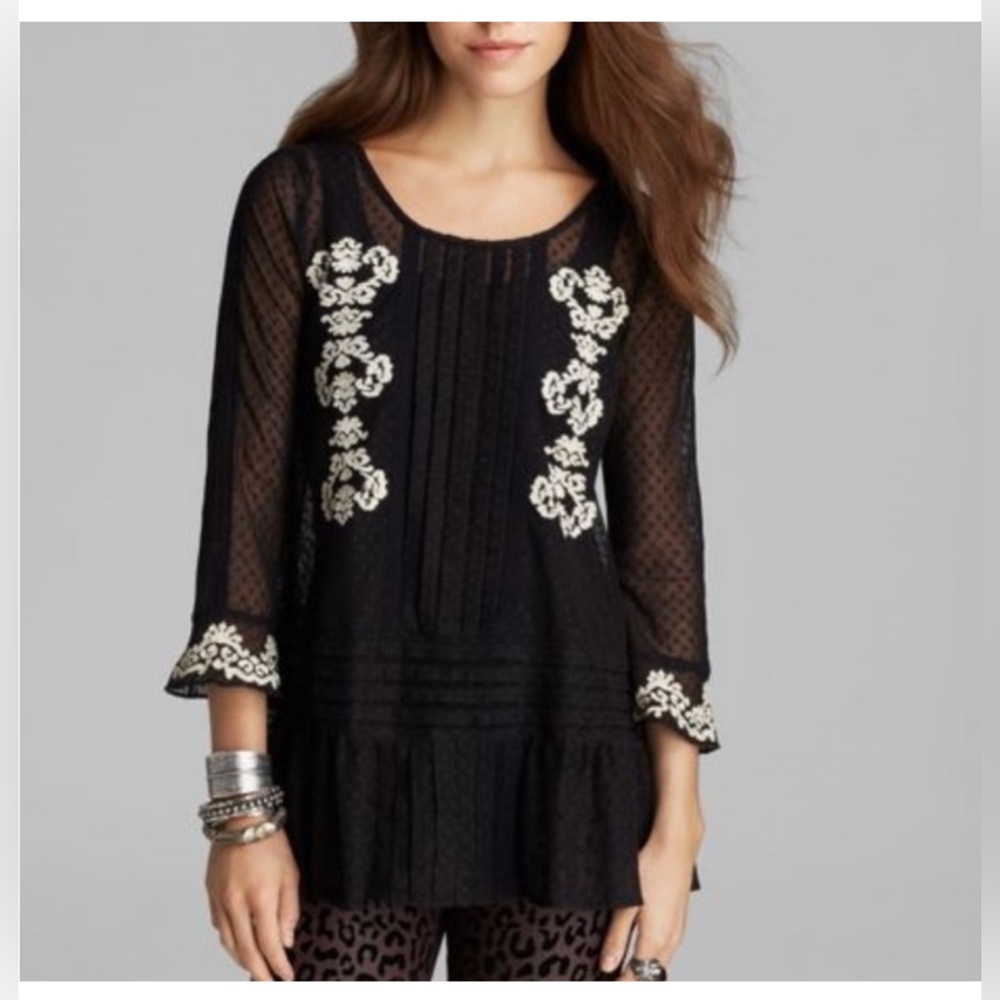 Free People Jocelyn Sheer Mesh Lace Embroidered Tunic Black Size Small